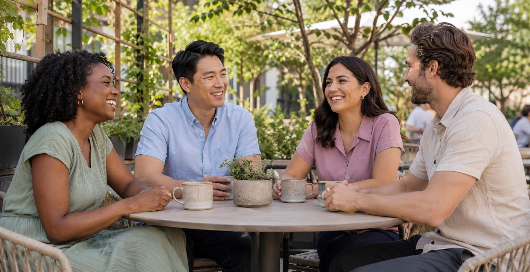 Four diverse adults connecting in a relaxed outdoor setting