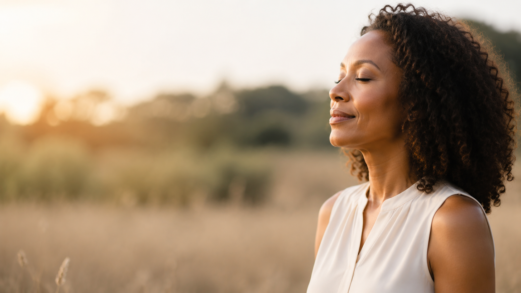 Black woman breathing peacefully in a sunny field