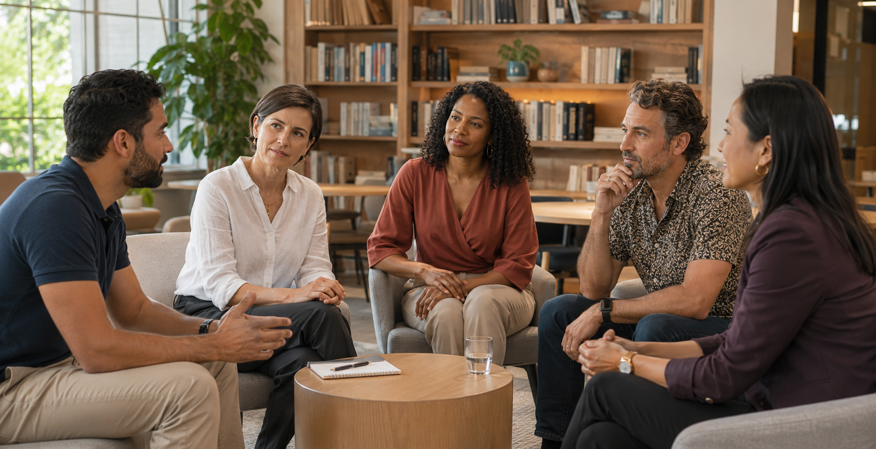 Four diverse adults connecting at an outdoor café